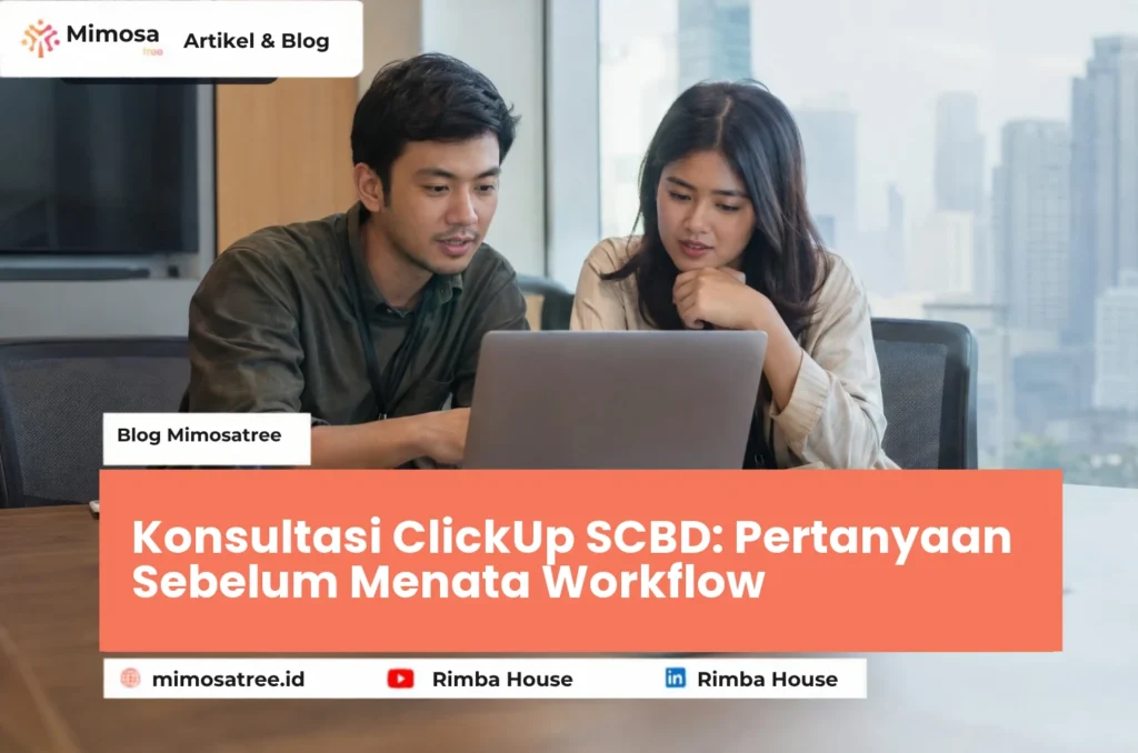 Tim perusahaan membahas konsultasi ClickUp SCBD dan rancangan workflow di ruang rapat.