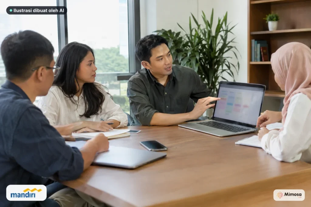 Tim operasional membahas alur kerja project management bersama di laptop.